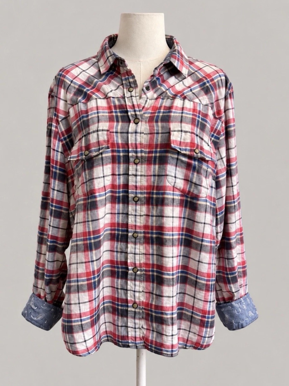 JACHS Girlfriend Bea Plaid Flannel Shirt XL Roll Tab Long Sleeve Cotton